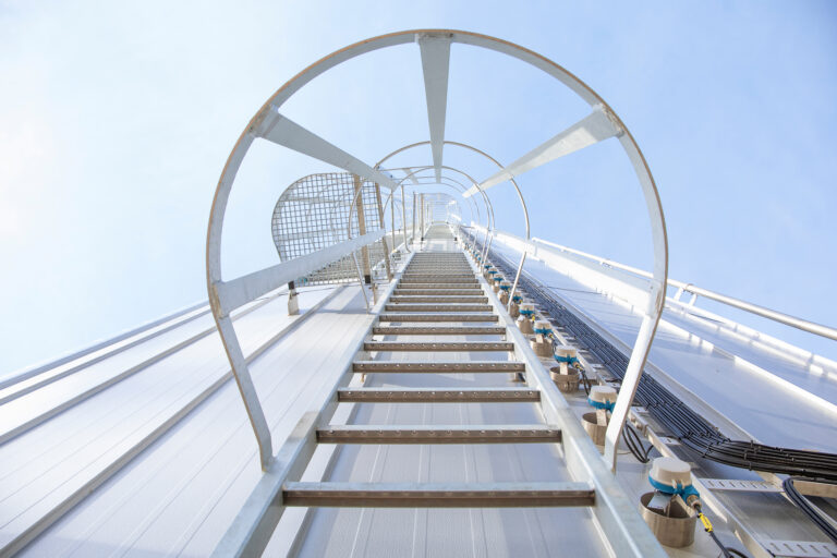 View from the bottom of a ladder with safety cage on a hot water buffer tank at Royal Swinkels.