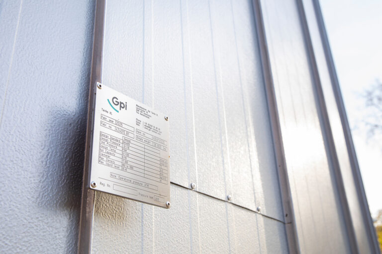 Gpi Tanks XL identification plate on the side of the hot water buffer tank at Royal Swinkels